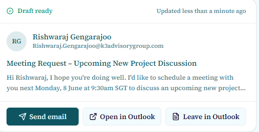 Email draft action card showing recipient, subject and Send / Open in Outlook / Leave in Outlook buttons