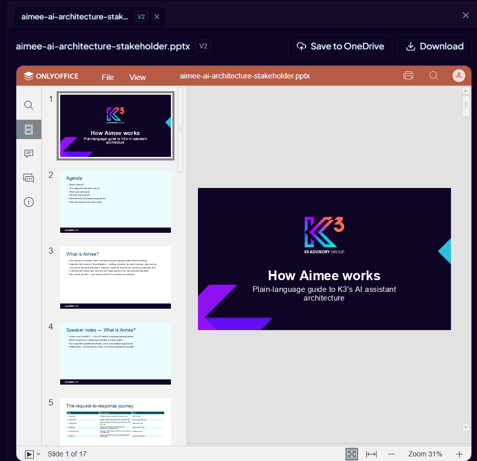 Generated PowerPoint deck open in Aimee's viewer with slide navigation and file actions