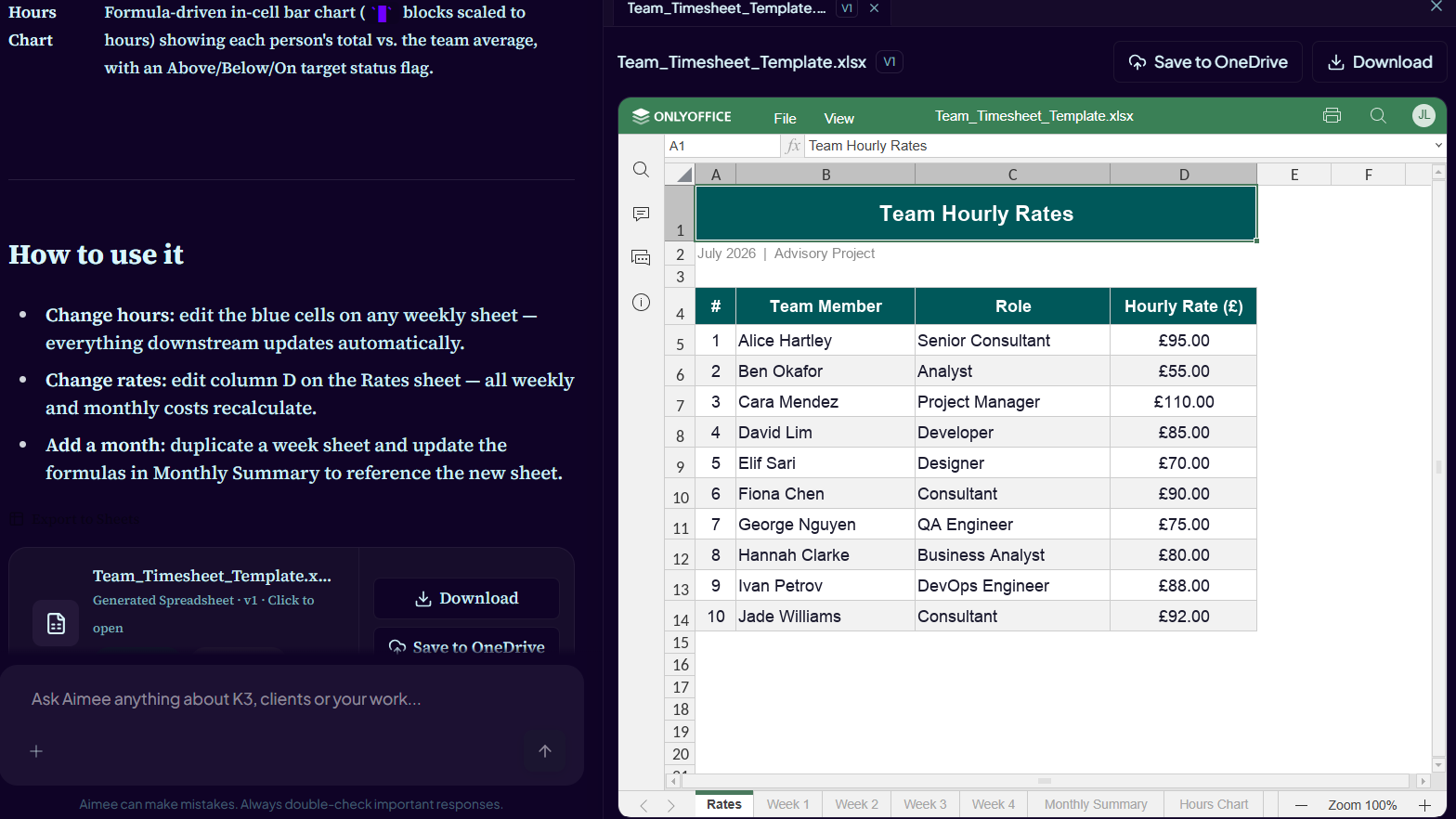 Generated Excel timesheet workbook open in Aimee's viewer with K3 styling and multiple worksheets
