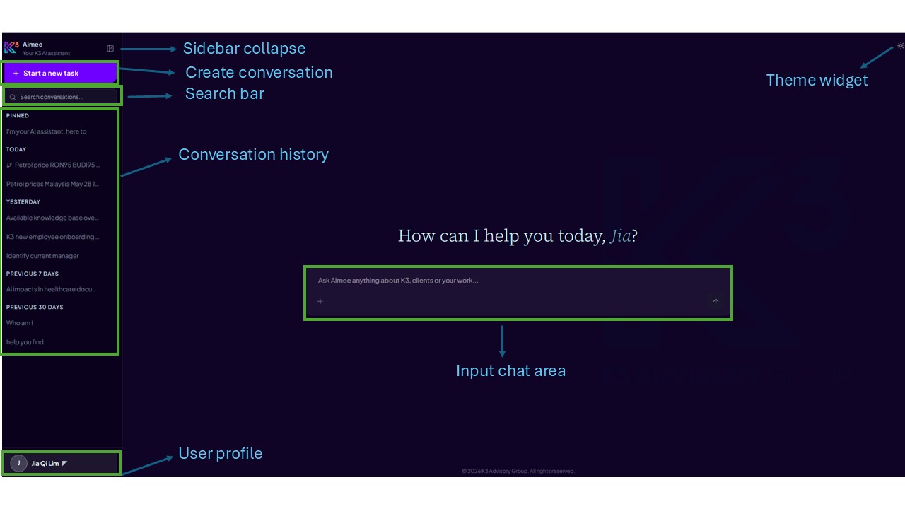 Aimee chat interface overview with labelled UI areas